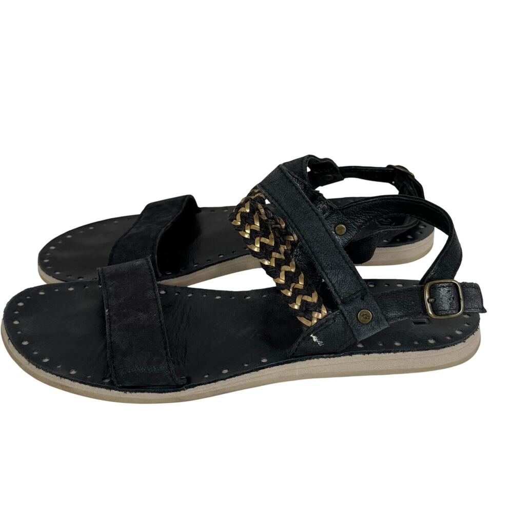 Ugg Black Leather Elin Sandals Buckle Flats Braided Gold Accents Women Sz 7M‎ US - Picture 3 of 12
